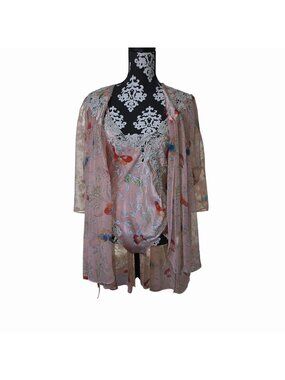 Vtg Victorias Secret Small Floral Satin Bodysuit Sheer Kimono Set Pink Lingerie